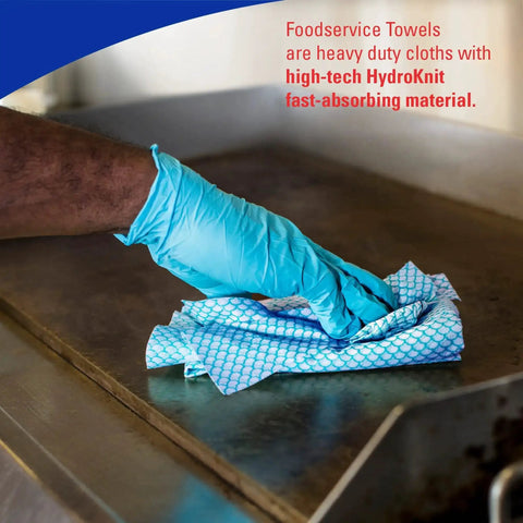 Gloved hand cleaning grill with CriticalClean High Capacity Heavy Duty Foodservice Cloths Quarterfold Towels Blue 300 Sheets Per Box Durable Absorbent Kitchen Cleaning Wipes For Busy Restaurants And Cafes Pro Grade Quality