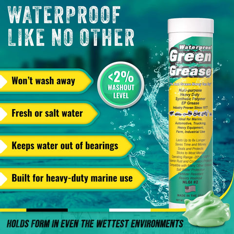 Ultra Heavy Duty Green Grease tube, 14 oz, waterproof marine-grade lithium grease (NLGI 2) for auto and marine use