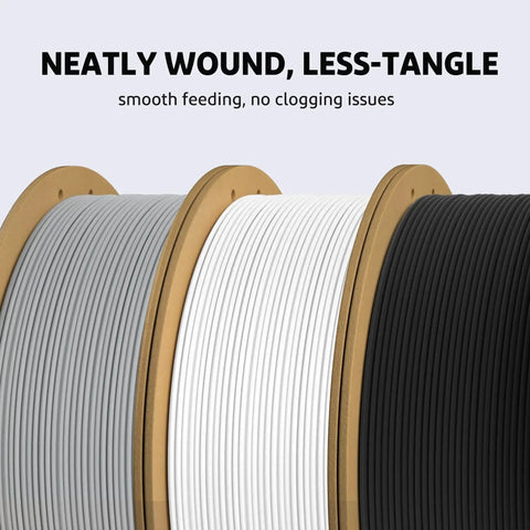 Side view of PLA Plus 1.75mm White Filament 2kg Spool for Most FDM 3D Printers Tougher next to black and gray filament spools.