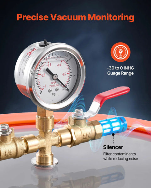 3 Gallon stainless steel vacuum chamber with pump, gauge, brass fittings, and red lever valve