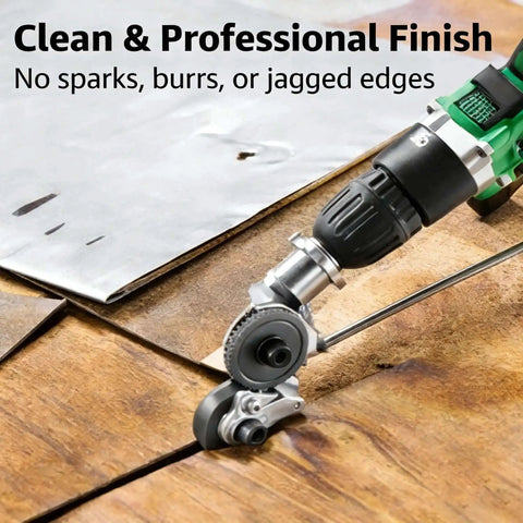 Drill nibbler attachment for sheet metal cutting on a green drill with titanium-coated cutter by Bearings Canada
