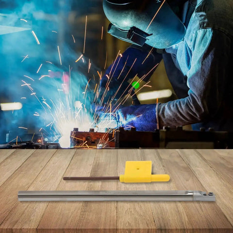 Solid Carbide CNC Tool Holder With 100mm Length And 7mm Shank, AntiVibration Boring Bar, shown with welding sparks backdrop