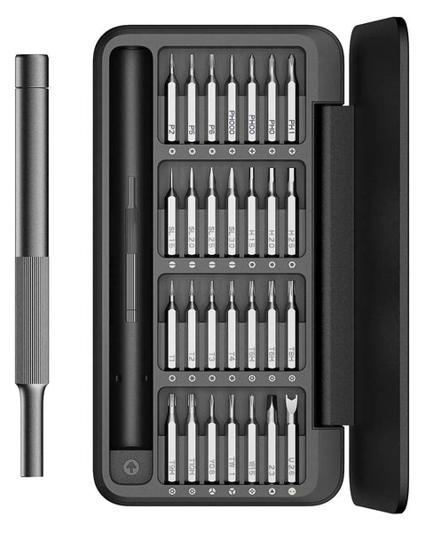28 In 1 Precision Screwdriver Set With Magnetic Bits And Case For Eyeglasses Electronics Watches Phones Laptops And Cameras, open case displaying bits and handle