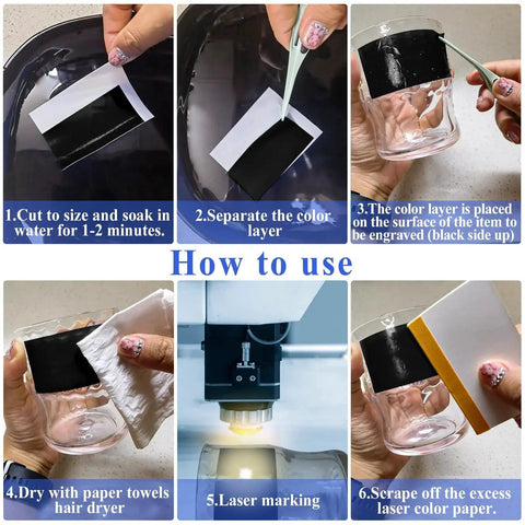 Step-by-step guide showing use of Four Pcs Black Laser Engraving Paper 39x27 Cm for laser marking on a glass surface.