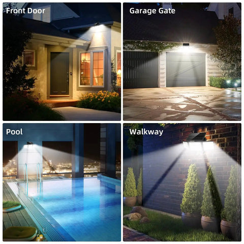 Solar 3 Head Motion Sensor Lights 270 Wide Area IP65 Outdoor Security 3 Modes illuminating various outdoor spaces