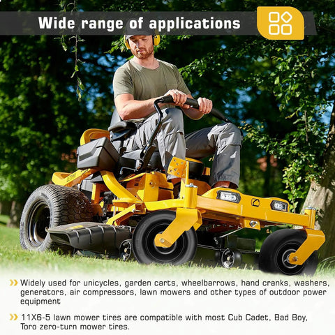 Person using a zero-turn mower with 2 Pack 11x6.00-5 Flat Free Lawn Mower Tires And Wheels, Solid Front Tires, in a garden setting.