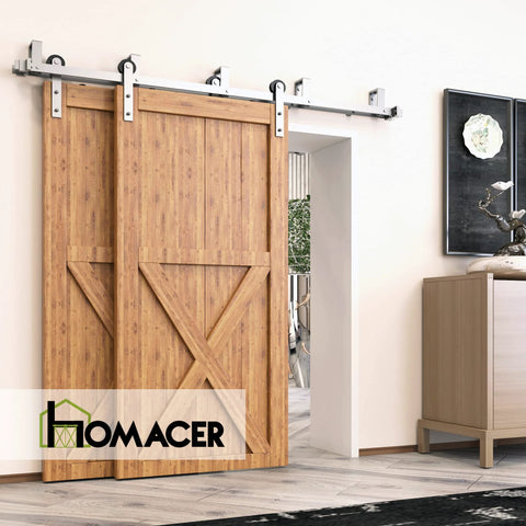 Brushed Nickel Double Track U Shape Bypass Sliding Barn Door Hardware Kit For Two Doors, 6.6ft installed view