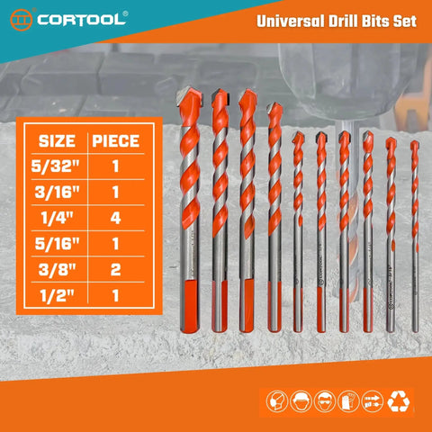 Durable Masonry Drill Bits Set Five Thirty-Second To One Half Inch, Ten Piece Carbide Tipped Kit for various materials