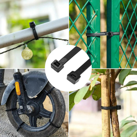 Tough As Nails 12 Inch V Shaped Toothed Double Sided Cable Ties securing objects like trees, gates, bike tires; 80 Pack Black