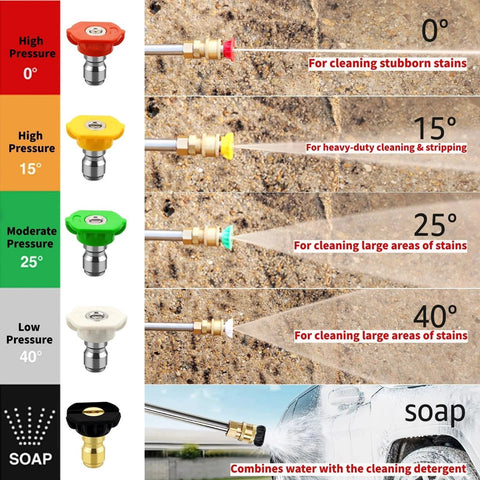 Pressure Washer Nozzle Tips Set Five Pack With 1 Quarter Inch Quick Connect Up To 4500 PSI And 2.5 GPM includes red, yellow, green nozzles