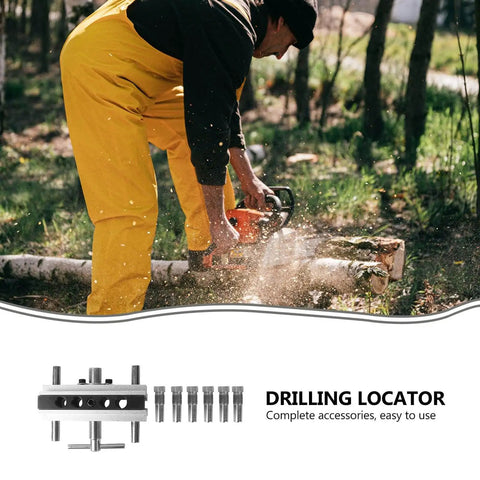 Self Centering Dowel Drilling Locator Jig With Six Hardened Steel Bushings In One Quarter Five Sixteenths And Three Eighths Inch Precise Wood Doweling Drill Guide For DIY Woodworking Projects And Cabinet Assembly with drill bit accessories displayed and woodworker in background.