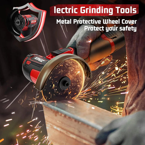 Close-up of Cordless Mini 3 Inch Angle Grinder Kit With Dual 12V 1500mAh Batteries And Charger Rivlox cutting metal