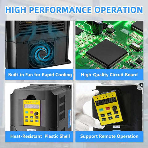 VFD Variable Frequency Drive 4KW 5HP 220V Inverter for CNC with cooling fan, circuit board, plastic shell, and remote operation