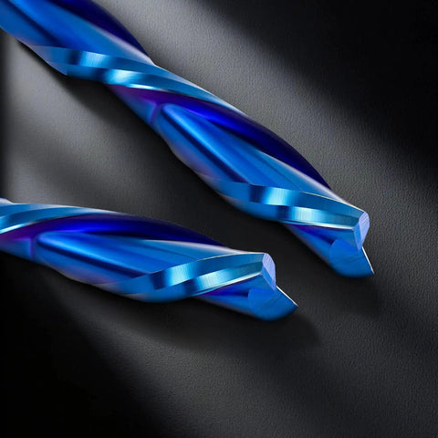 Close-up of Downcut CNC Router Bit Set One Eighth Inch Shank Five Pack Tungsten Carbide Spiral End Mills for woodworking and carving.