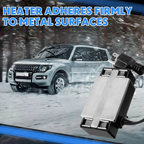 Portable Magnetic Engine Block Heater 120V 200W with induction heat, shown on snowy background near vehicle for quick warmup.