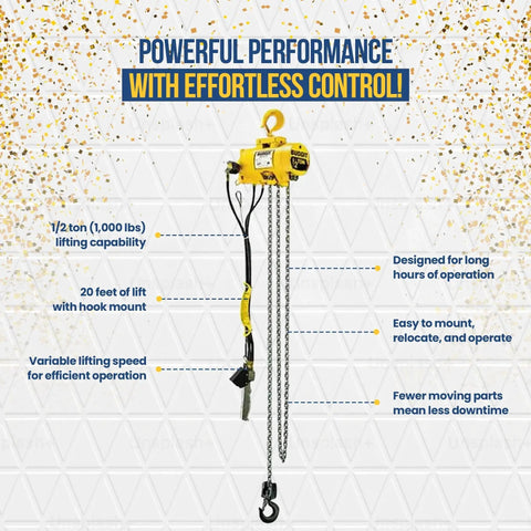 Half Ton Pneumatic Air Hoist With 20 Foot Lift And Pendant Throttle Control, showing features and capabilities.