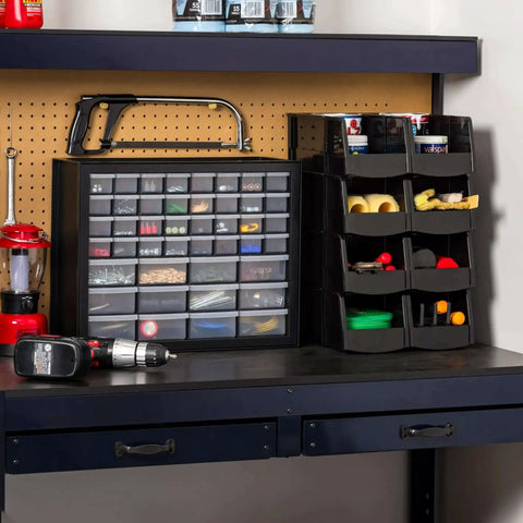 Small Parts Storage Cabinet With 44 Drawer Organizer For Screws Nuts Bolts Electronics Hardware Beads Crafts And More, Built Tough Made In USA Stackable Black Boss Grade on a workbench.