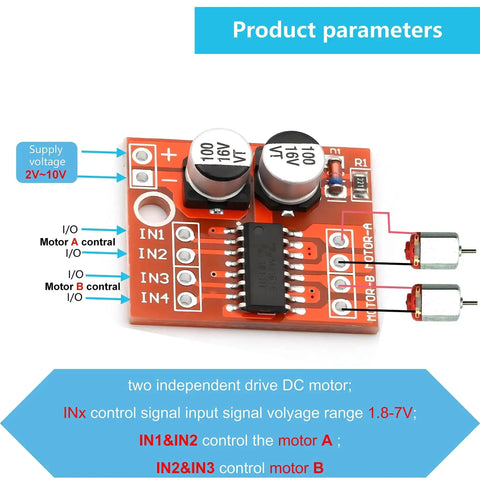 Mini L298N 2 Channel H Bridge DC Motor Driver Board With MX1508 Chip, red PCB, labeled input/output terminals, supply 2-10V