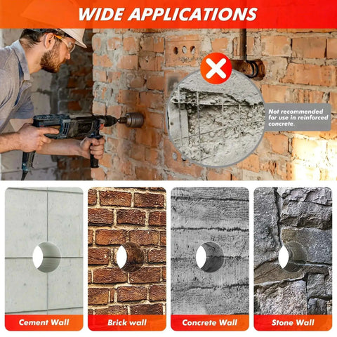 Heavy Duty Tungsten Carbide Core Drill Bit Set With SDS Adapter And Concrete Hole Saw Kit used on brick wall and other surfaces