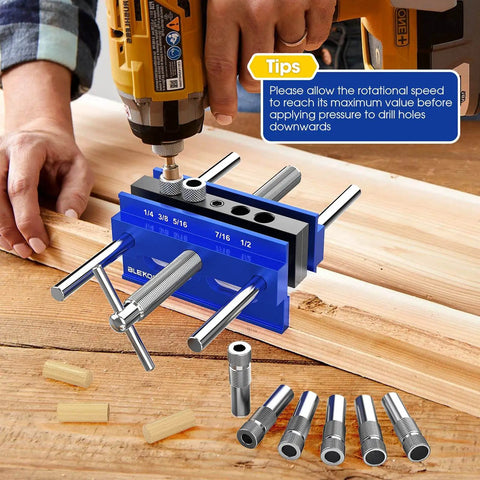 Upgraded 6.7 Inch Self Centering Doweling Jig Kit for precise wood joints with drill guide in use on wooden panel
