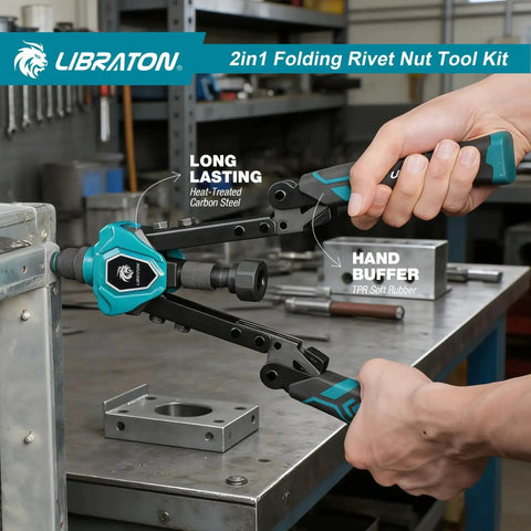 Two In One Rivet Nut Tool And Rivet Gun Kit in use on metal panel, showing folding handles and mandrels for DIY and repair.