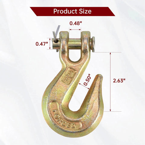 Close-up of 2 Pack 3/8 Inch Clevis Grab Hooks Grade 70 Chain Hook 7500 Lbs WLL Yellow Zinc with size dimensions.