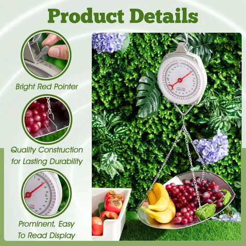 Two Pack 110 Lb Large Display Hanging Scales With Scoops And Chains For Produce Kitchen Dial Weight Scales For Shopping Travel And Food Weighing Great For Home Business Markets And Farms, featuring scales with dial and fruit-filled scoop.