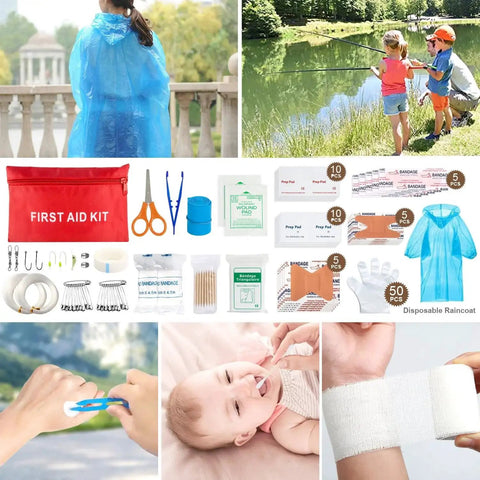 238 Piece Emergency Survival Kit And First Aid Kit with tactical MOLLE pouch, shown with tools, adhesive bandages, and fishing scene