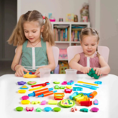 Kids 44 Piece Clay Tools Set With Rolling Pins, Molds, Cutters And Extruder Shapes For Creative Play on table with children
