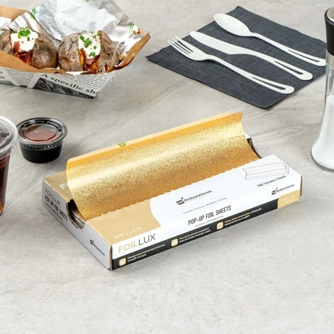 Gold Embossed Pop-Up Foil Sheets 10.8 X 9 Inch Interfolded Greaseproof and Freezable Oven Ready Aluminum Foil Papers in use