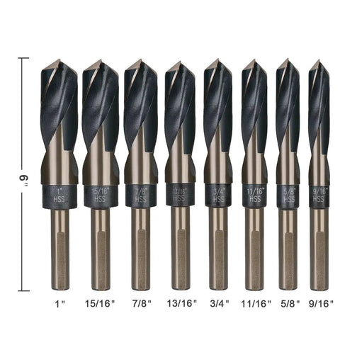 Premium 8-Piece Half Inch Reduced Shank Drill Bit Set With Aluminum Carry Case M2 High Speed Steel Deming Bits 135 Degree Split Point