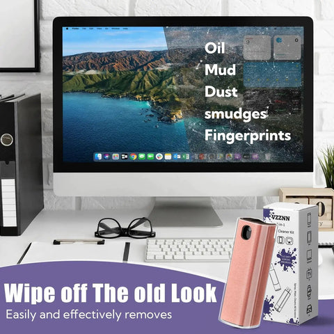 Desktop with visible dirt on screen and 50 Pack 3 In 1 Screen Cleaner Spray And Wipe Cleaning Solution For Devices in foreground