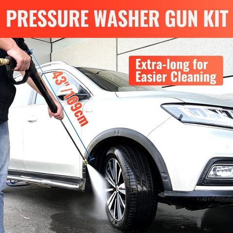 YAMATIC pressure washer gun wand, 43-inch swivel extension with ergonomic handle, cleaning a car wheel.