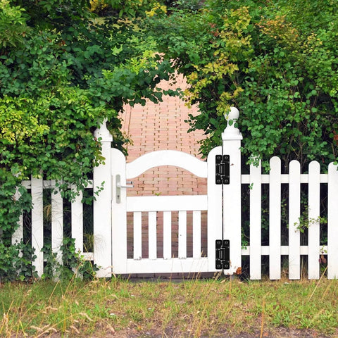 White picket fence gate with Heavy Duty Gate Hinges 2 Pack In Premium Steel With Spacer Bearings And Black Electro-Coated Finish