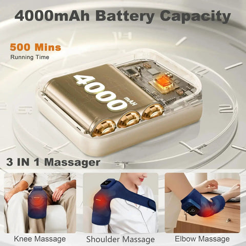 Image showing cordless knee massager for pain relief with focus on 4000mAh battery, and usage for knee, shoulder, and elbow massage.