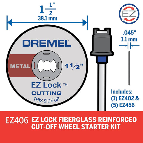 EZ Lock Starter Kit For Rotary Tools With 5 Fiberglass Reinforced Cut Off Wheels And EZ402 Mandrel Included, 1.5 Inch Wheel Diameter