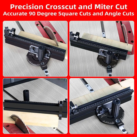 Compact Table Saw Miter Gauge With 360mm Fence And Multifunction Flip Stop for precise woodworking crosscuts and angles.
