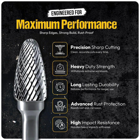 Close-up of Ten Piece Pro Grade Tungsten Carbide Burr Set With Quarter Inch Shank For Die Grinders Double Cut Bits For Metal And Steel Deburring Engraving Grinding Carving Porting Compatible With DeWALT Ingersoll Rand Milwaukee Makita showcasing sharp cutting features and durability.