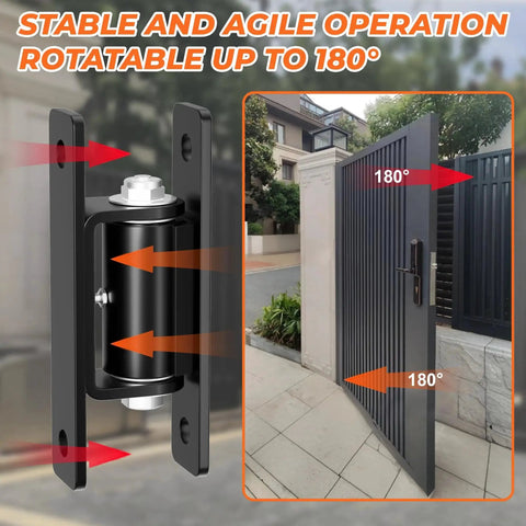 Heavy Duty 7 Inch Gate Hinges Built To Last 2 Pack High Strength Steel Wall Mount Hinge For Metal Fence And Wood Gates 1100 Lb Load Capacity Bolt Or Weld Install Black Farm Gate Hardware For Easy Setup And Long Lasting Use shown installed on a gate with 180-degree rotation.