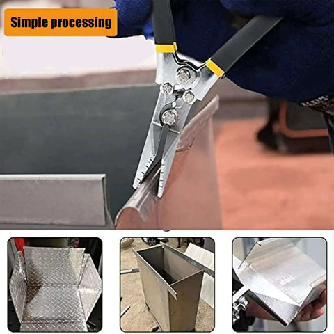 Heavy-Duty Metal Sheet Pliers Bending Tool in use, bending metal edge, with close-up of pliers gripping edges, showcasing industrial application
