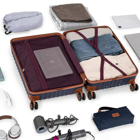 Open dark blue suitcase with organized clothes and accessories from Five Piece Luggage Set With TSA Lock And Spinner Wheels For Travel Cosbarn Unisex.