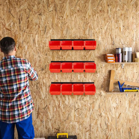 Wall Mounted Storage Bins Set With 12 Plastic Bins And 3 Rails For Garage Tools Hanging Organizer For Screws Nuts Bolts Nails