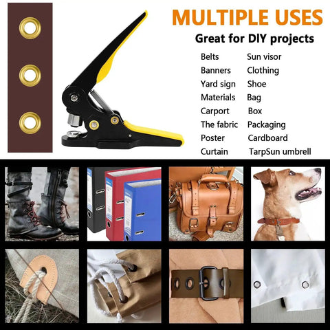 Heavy Duty Grommet Tool Kit And Eyelet Punch Machine With Three To Five Inch Die Comes With 80 Gold Brass Grommets For Tarp Leather Fabric And Curtain Projects shown with uses