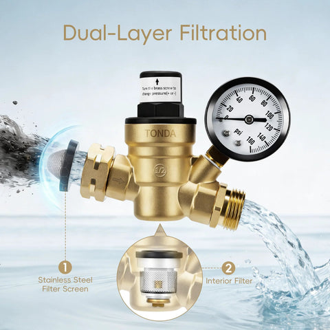TONDA RV water pressure regulator with gauge, brass lead-free body and dual-layer filtration with stainless steel filter