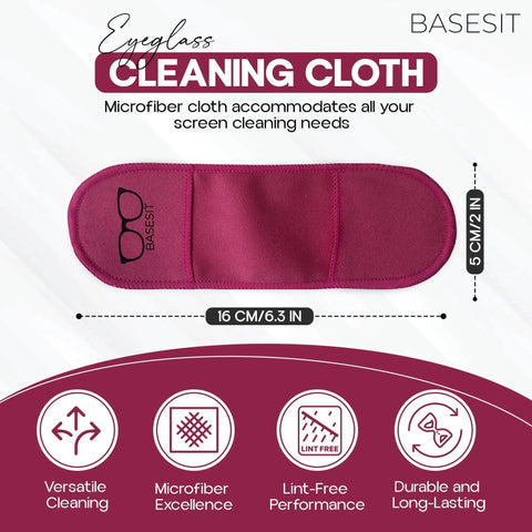 Rose microfiber eyeglass cleaning cloth on display with size and features. Part of Four Pack Microfiber Eyeglass Cleaning Cloths Rose And Green Clean Lenses.