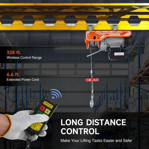 2500Lb Wireless Electric Hoist With Remote 39Ft Lift Height 1800W Ceiling Winch in warehouse setting with control range display