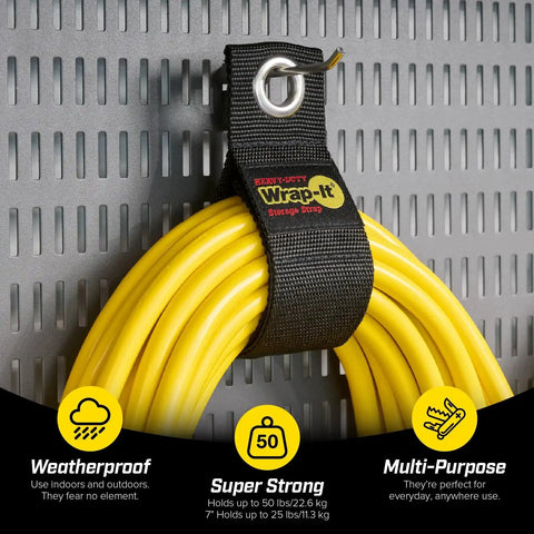 Heavy Duty Storage Straps Six Pack For Garage Cord Management holding yellow extension cord