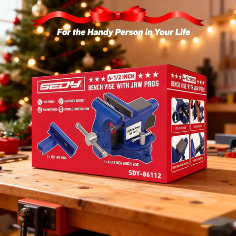 Product box of Heavy Duty Four And A Half Inch Tough As Nails Bench Vise With Multi Jaw Design for woodworking and metalworking.