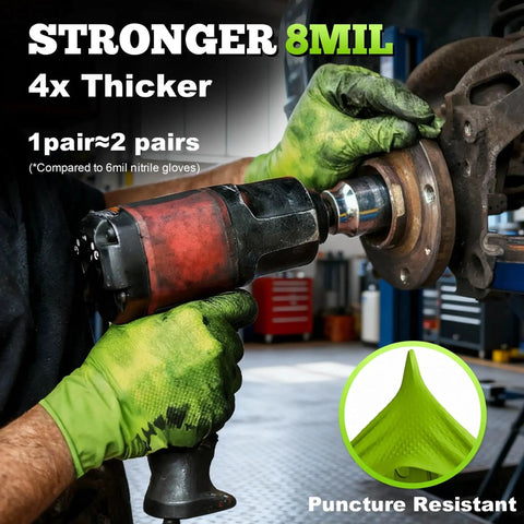 Person wearing Green Nitrile Gloves 8 Mil Heavy Duty Textured Grip Powder Free Food Safe 100 Ct while working on a car part
