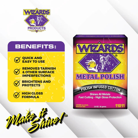 Front view of Wizards Metal Polish 3oz box with benefits list and high gloss finish for all metals.